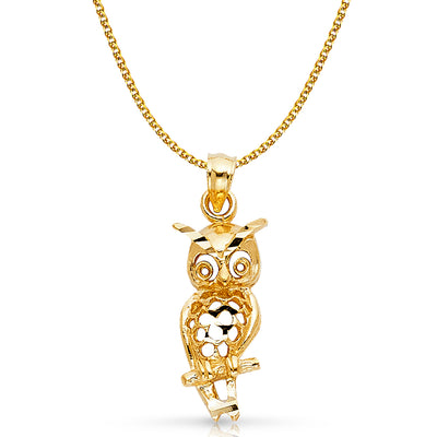 14K Gold Owl Charm Pendant with 1.7mm Flat Open Wheat Chain Necklace