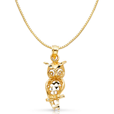 14K Gold Owl Charm Pendant with 0.8mm Box Chain Necklace