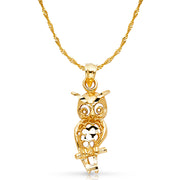 14K Gold Owl Charm Pendant with 1.8mm Singapore Chain Necklace