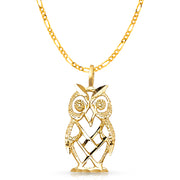 14K Gold Owl Charm Pendant with 2.3mm Figaro 3+1 Chain Necklace