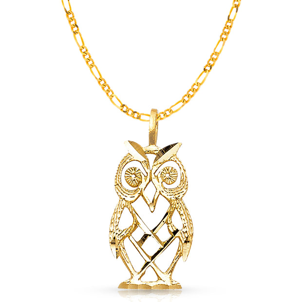 14K Gold Owl Charm Pendant with 2.3mm Figaro 3+1 Chain Necklace