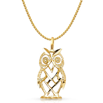 14K Gold Owl Charm Pendant with 1.7mm Flat Open Wheat Chain Necklace