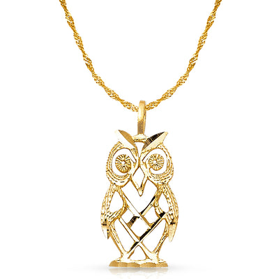 14K Gold Owl Charm Pendant with 1.8mm Singapore Chain Necklace