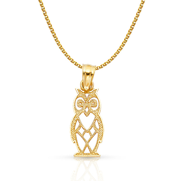 14K Gold Owl Charm Pendant with 1.7mm Flat Open Wheat Chain Necklace