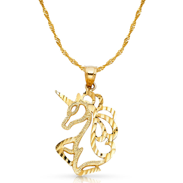 14K Gold Unicorn Charm Pendant with 1.8mm Singapore Chain Necklace