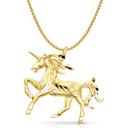 14K Gold Unicorn Charm Pendant with 1.7mm Flat Open Wheat Chain Necklace