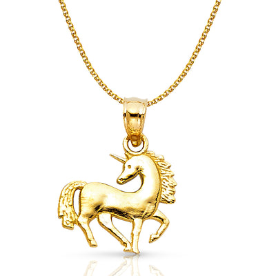 14K Gold Unicorn Charm Pendant with 1.7mm Flat Open Wheat Chain Necklace