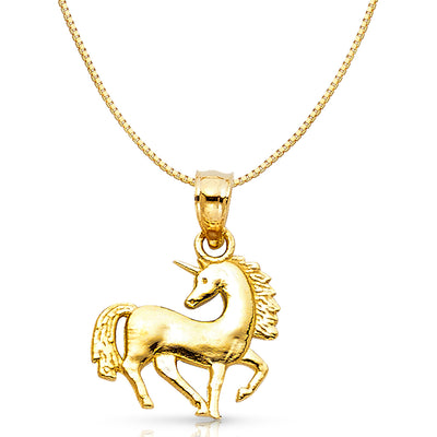 14K Gold Unicorn Charm Pendant with 0.8mm Box Chain Necklace