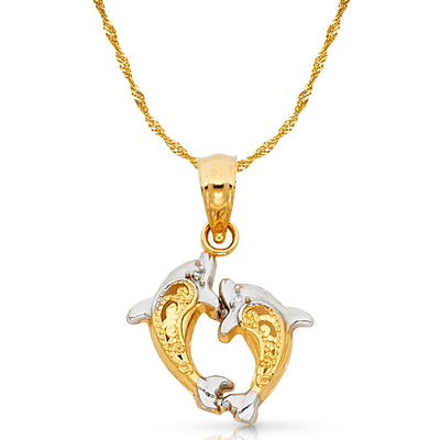 14K Gold Dolphin Charm Pendant with 1.8mm Singapore Chain Necklace