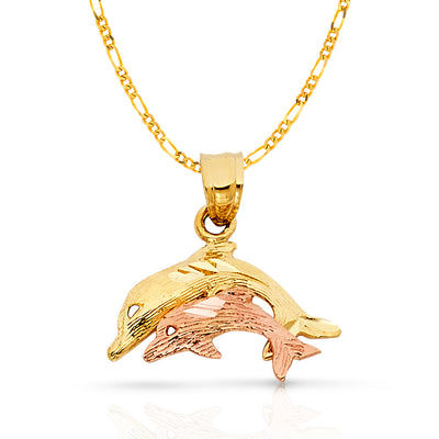 14K Gold Dolphin Charm Pendant with 2.3mm Figaro 3+1 Chain Necklace