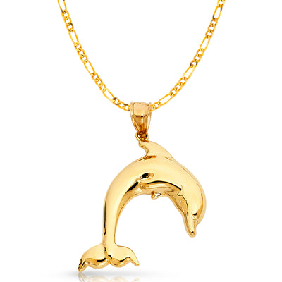 14K Gold Dolphin Charm Pendant with 3.1mm Figaro 3+1 Chain Necklace