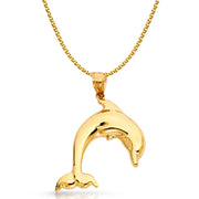 14K Gold Dolphin Charm Pendant with 1.7mm Flat Open Wheat Chain Necklace