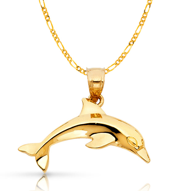 14K Gold Dolphin Charm Pendant with 3.1mm Figaro 3+1 Chain Necklace