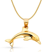 14K Gold Dolphin Charm Pendant with 1.7mm Flat Open Wheat Chain Necklace