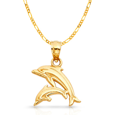 14K Gold Dolphin Charm Pendant with 3.1mm Figaro 3+1 Chain Necklace