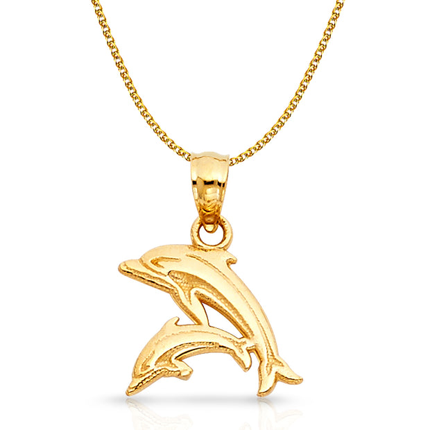 14K Gold Dolphin Charm Pendant with 1.7mm Flat Open Wheat Chain Necklace