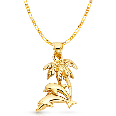 14K Gold Dolphin with Palm Tree Charm Pendant with 3.1mm Figaro 3+1 Chain Necklace