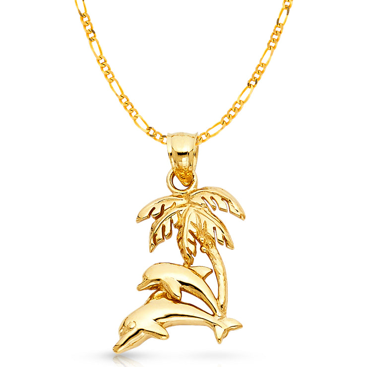 14K Gold Dolphin with Palm Tree Charm Pendant with 3.1mm Figaro 3+1 Chain Necklace