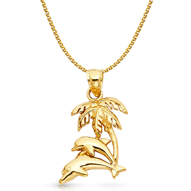 14K Gold Dolphin with Palm Tree Charm Pendant with 1.7mm Flat Open Wheat Chain Necklace