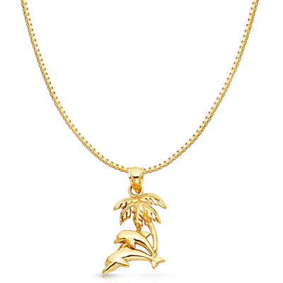 14K Gold Dolphin with Palm Tree Charm Pendant with 1.2mm Box Chain Necklace