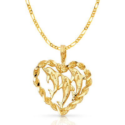 14K Gold Heart with Dolphin Charm Pendant with 3.1mm Figaro 3+1 Chain Necklace