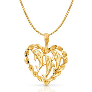 14K Gold Heart with Dolphin Charm Pendant with 1.7mm Flat Open Wheat Chain Necklace