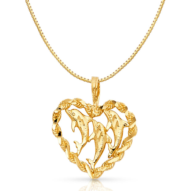 14K Gold Heart with Dolphin Charm Pendant with 0.8mm Box Chain Necklace