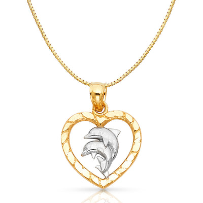 14K Gold Heart with Dolphin Charm Pendant with 0.8mm Box Chain Necklace
