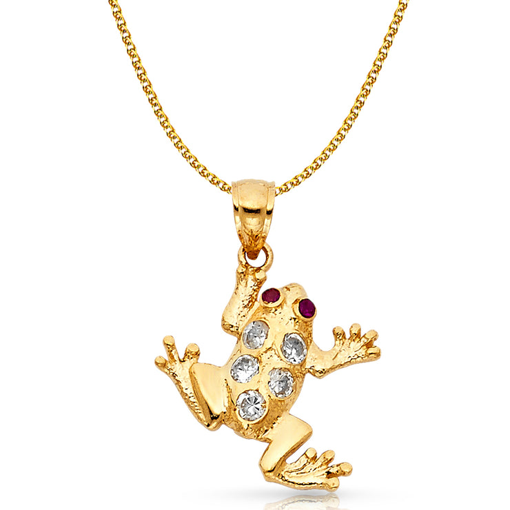 14K Gold CZ Frog Charm Pendant with 1.7mm Flat Open Wheat Chain Necklace