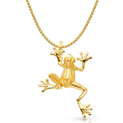 14K Gold Frog Charm Pendant with 1.7mm Flat Open Wheat Chain Necklace
