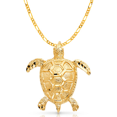 14K Gold Turtle Charm Pendant with 3.1mm Figaro 3+1 Chain Necklace