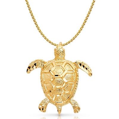 14K Gold Turtle Charm Pendant with 1.7mm Flat Open Wheat Chain Necklace