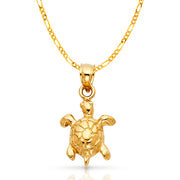 14K Gold Turtle Charm Pendant with 2.3mm Figaro 3+1 Chain Necklace