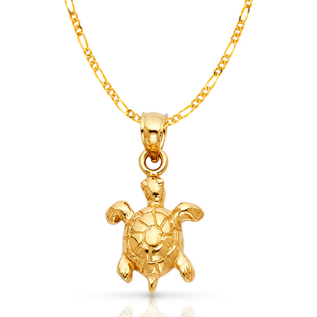 14K Gold Turtle Charm Pendant with 2.3mm Figaro 3+1 Chain Necklace