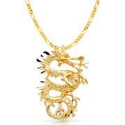 14K Gold Dragon Charm Pendant with 2.3mm Figaro 3+1 Chain Necklace
