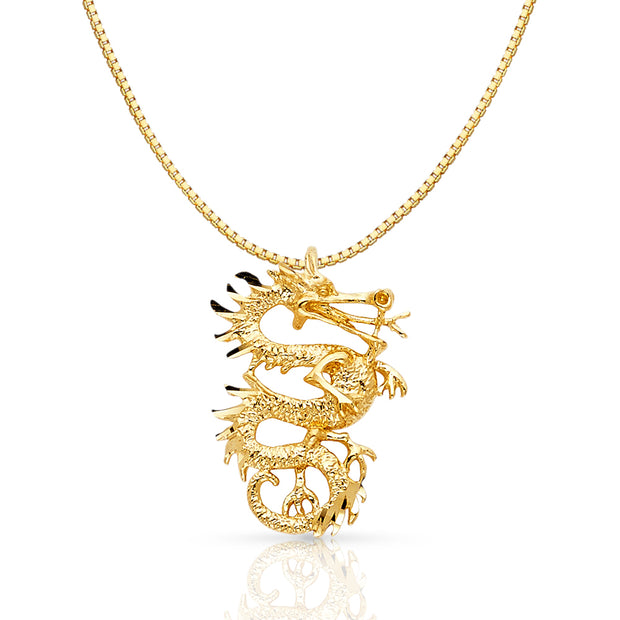 14K Gold Dragon Charm Pendant with 0.8mm Box Chain Necklace