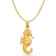 14K Gold Sea Horse Charm Pendant with 1.5mm Flat Open Wheat Chain Necklace