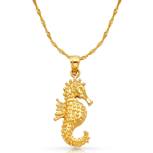 14K Gold Sea Horse Charm Pendant with 1.2mm Singapore Chain Necklace