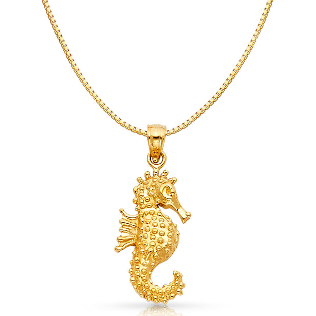 14K Gold Sea Horse Charm Pendant with 0.8mm Box Chain Necklace