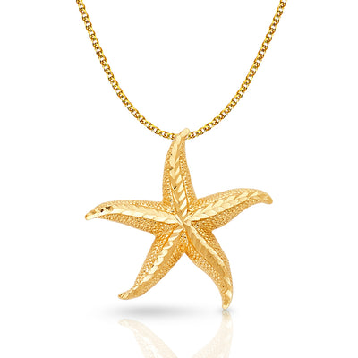 14K Gold Starfish Charm Pendant with 1.7mm Flat Open Wheat Chain Necklace