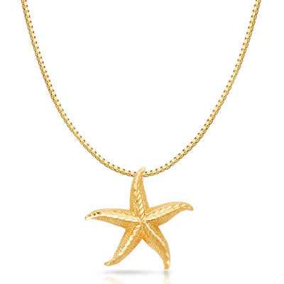 14K Gold Starfish Charm Pendant with 1.2mm Box Chain Necklace