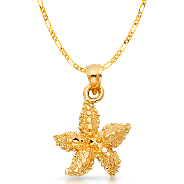 14K Gold Starfish Charm Pendant with 2.3mm Figaro 3+1 Chain Necklace