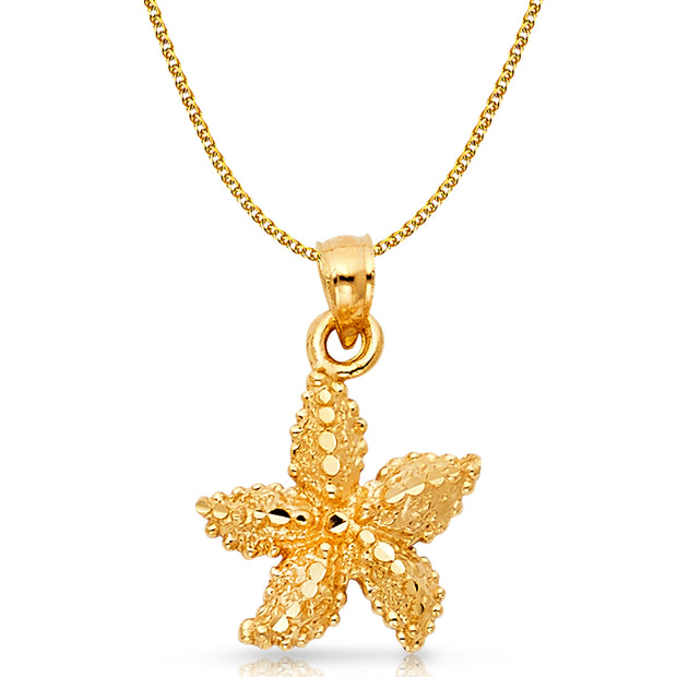 14K Gold Starfish Charm Pendant with 1.5mm Flat Open Wheat Chain Necklace