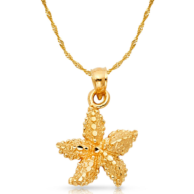 14K Gold Starfish Charm Pendant with 1.2mm Singapore Chain Necklace