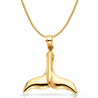 14K Gold Tail of Dolphin Charm Pendant with 1.5mm Flat Open Wheat Chain Necklace