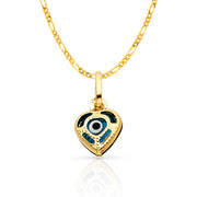14K Gold Evil Eye Heart Charm Pendant with 1.6mm Figaro 3+1 Chain Necklace