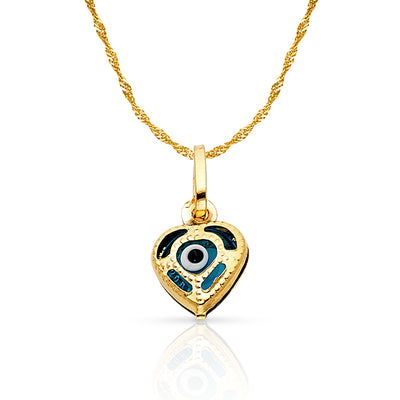 14K Gold Evil Eye Heart Charm Pendant with 0.9mm Singapore Chain Necklace
