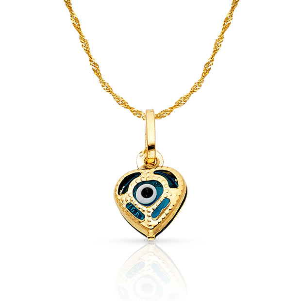 14K Gold Evil Eye Heart Charm Pendant with 0.9mm Singapore Chain Necklace
