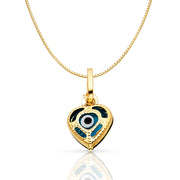 14K Gold Evil Eye Heart Charm Pendant with 0.8mm Box Chain Necklace