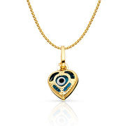14K Gold Evil Eye Heart Charm Pendant with 1.2mm Flat Open Wheat Chain Necklace